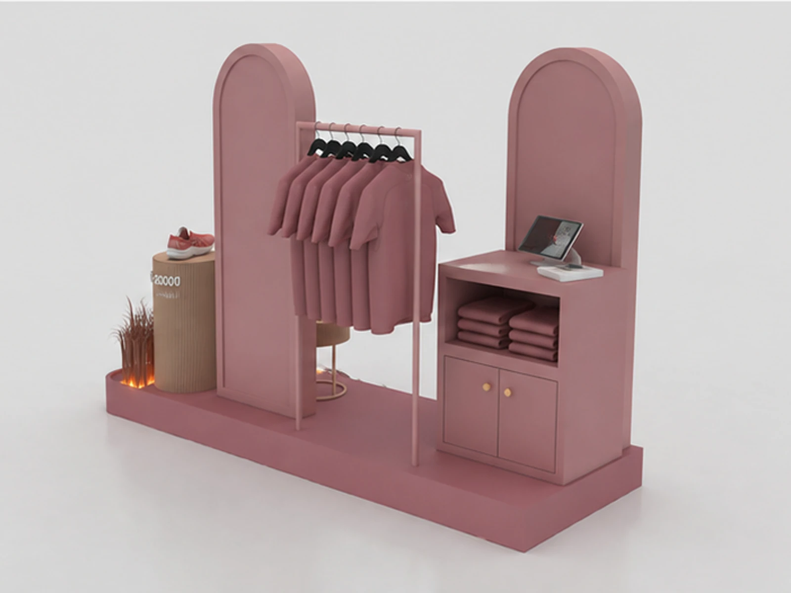 Sportswear Pop-Up Display Simple Sports Clothes Mall Kiosk Design staff storage and checkout detail