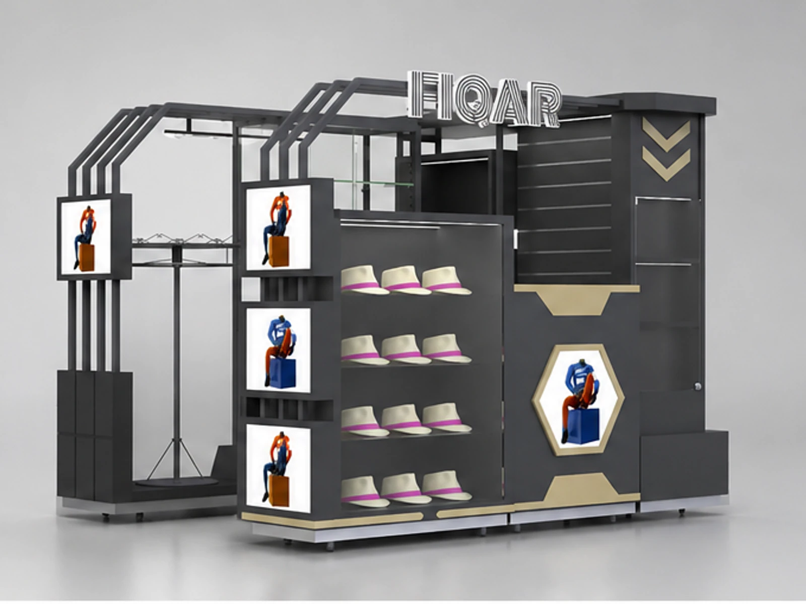 Spots Clothes Kiosk Modern T-shirt Booth Retail Boutique Display Rack Mall Shelf for Sale main mall-facing view