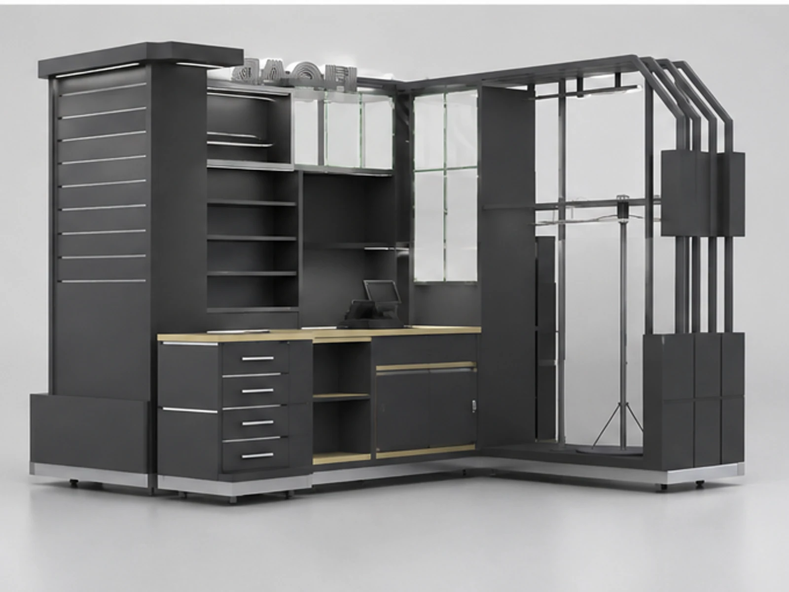 Spots Clothes Kiosk Modern T-shirt Booth Retail Boutique Display Rack Mall Shelf for Sale staff storage and checkout detail