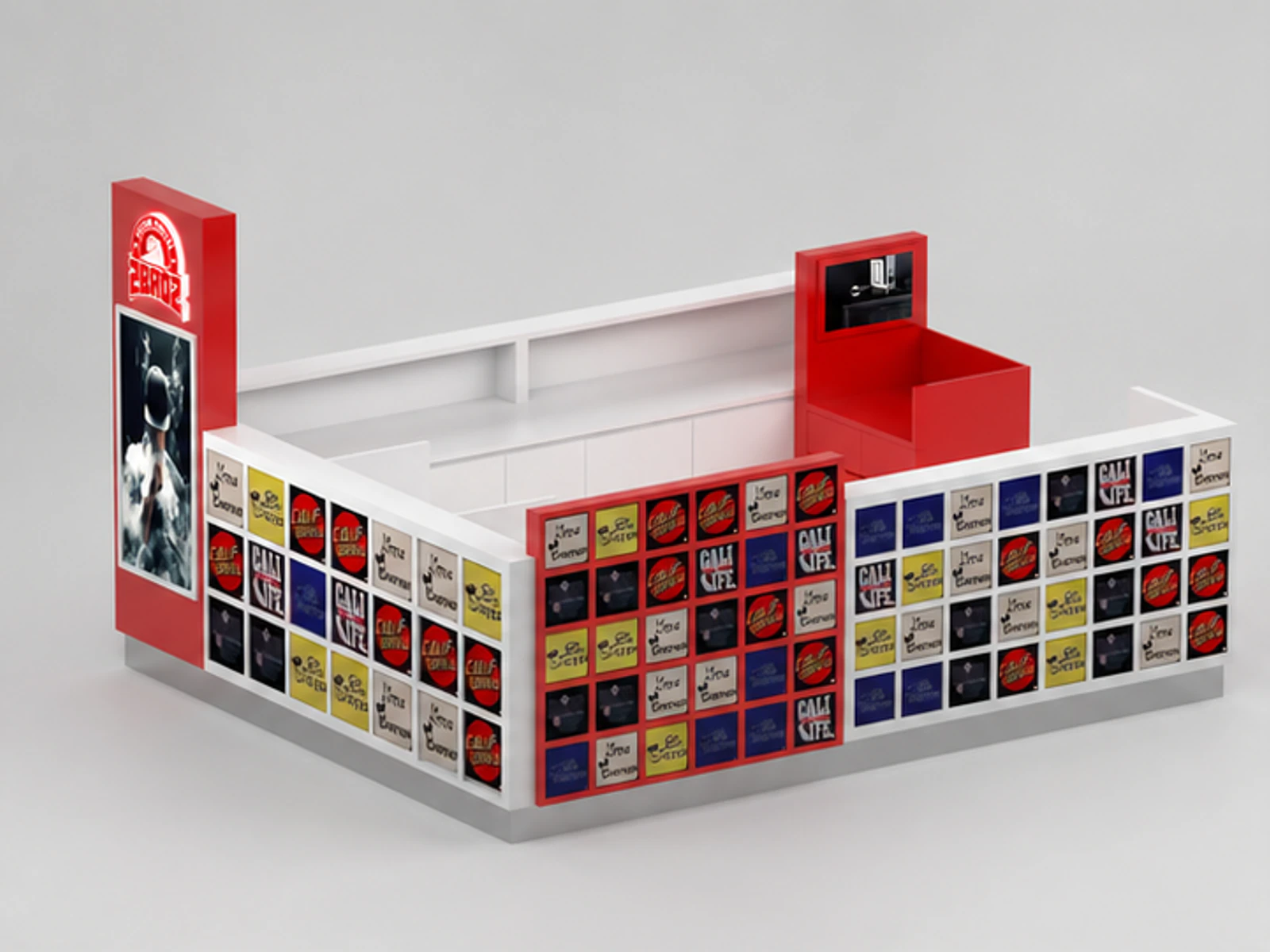 T-shirt Custom Kiosk Mall Interior T-shirt Counter Retail T-shirt Kiosk Red main mall-facing view
