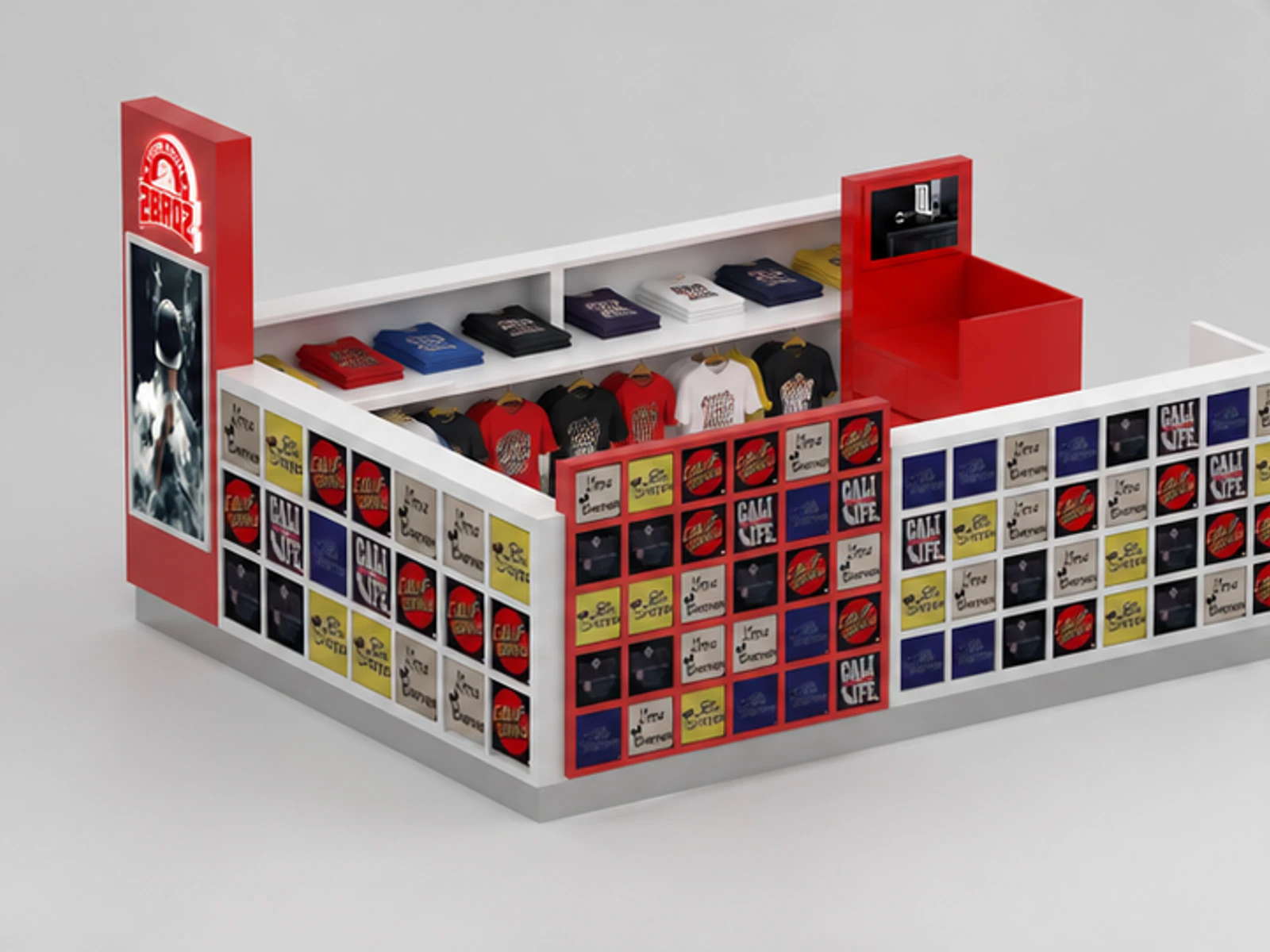 T-shirt Custom Kiosk Mall Interior T-shirt Counter Retail T-shirt Kiosk Red garment rails and shelving view