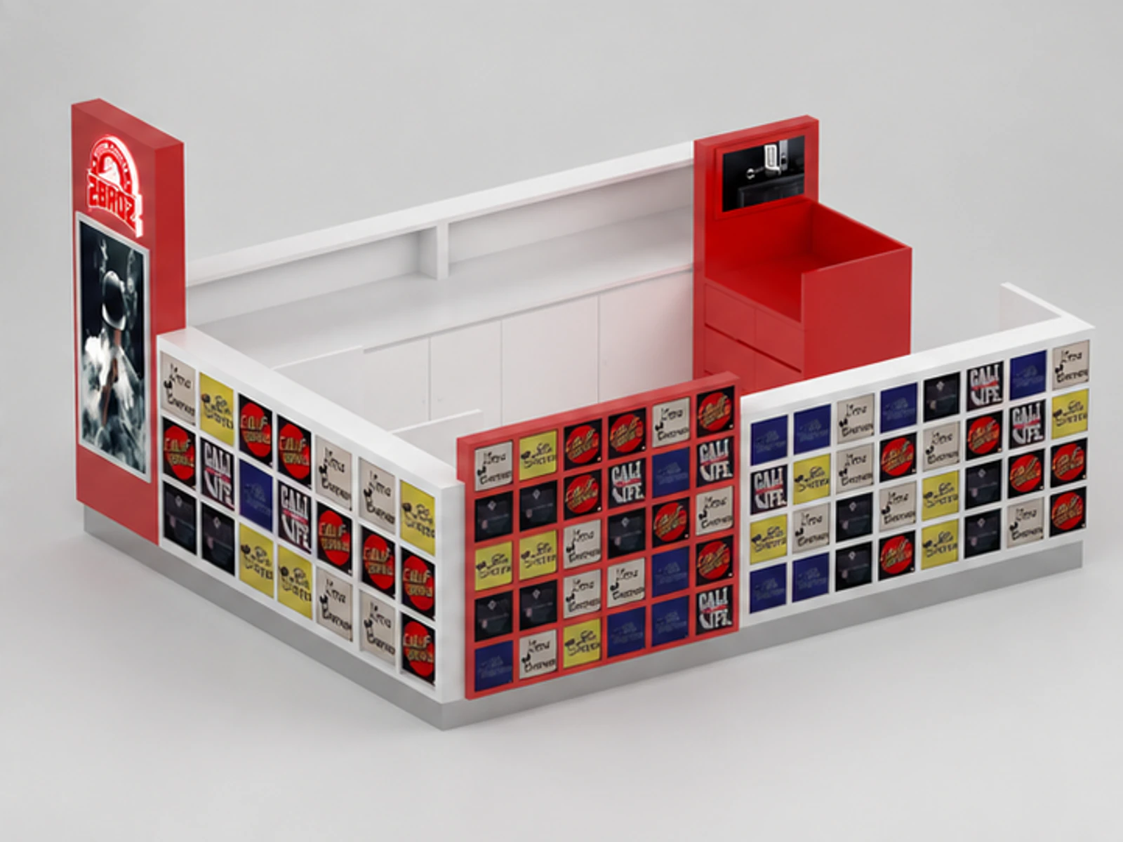 T-shirt Custom Kiosk Mall Interior T-shirt Counter Retail T-shirt Kiosk Red staff storage and checkout detail