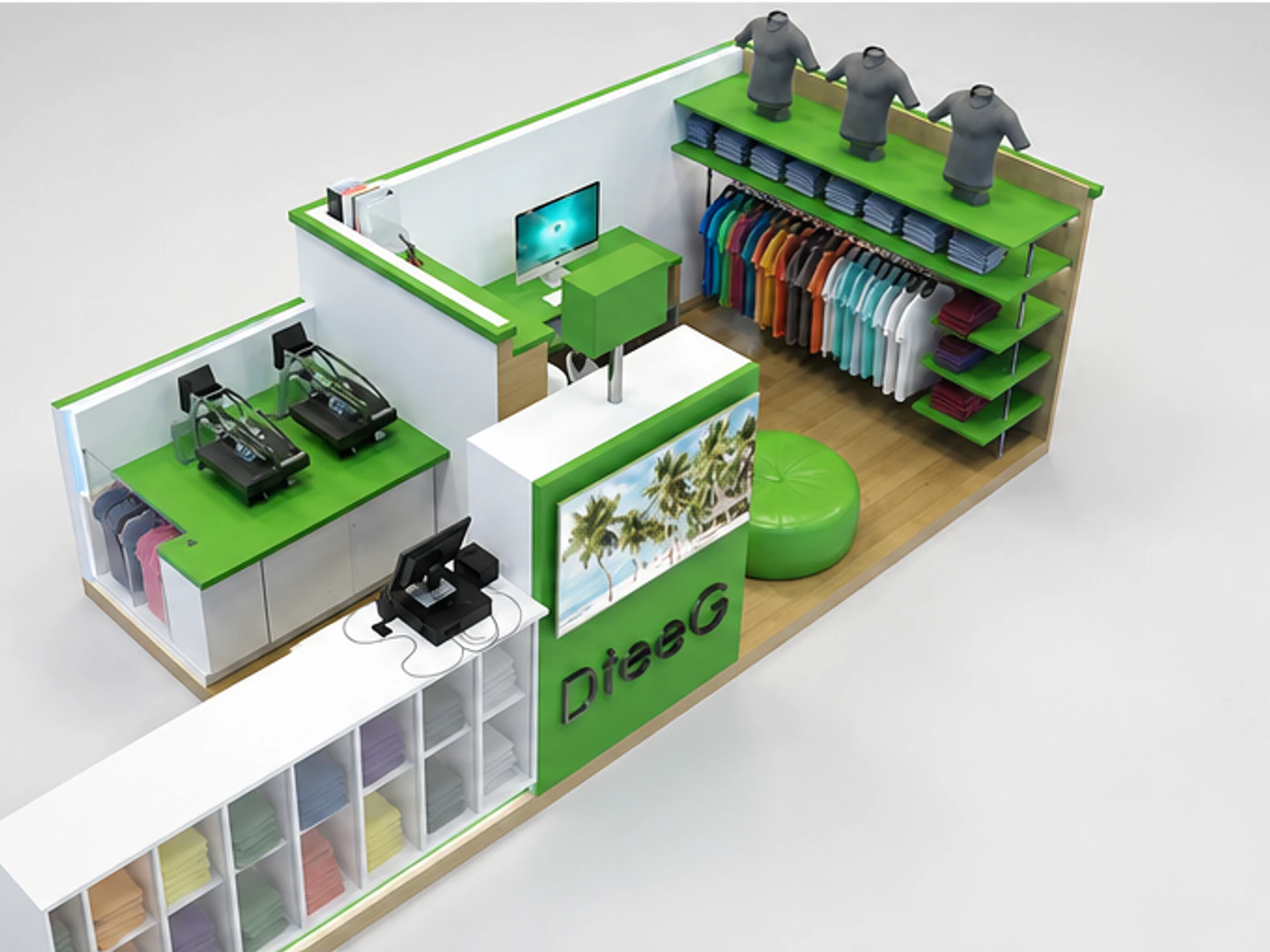T-shirt display kiosk clothing kiosk for mall garment rails and shelving view