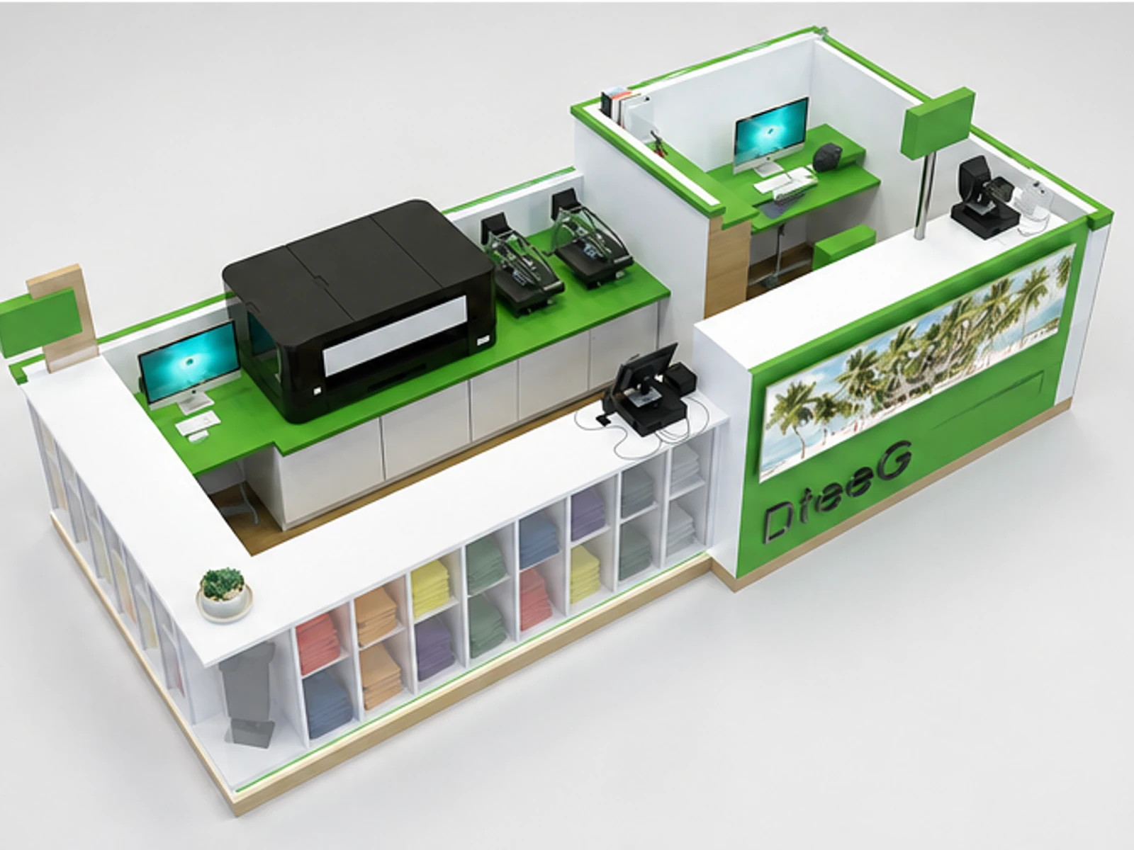 T-shirt display kiosk clothing kiosk for mall staff storage and checkout detail