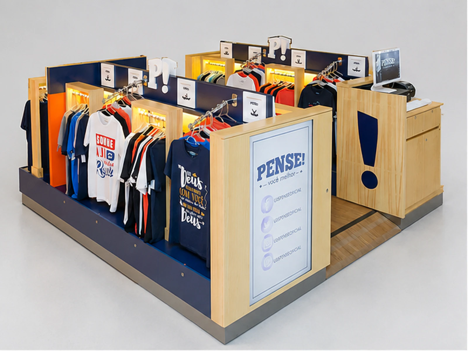 T-shirt Kiosk Mall Custom T-shirt Retail Display Booth Hanging Display Clothing Showcase main mall-facing view