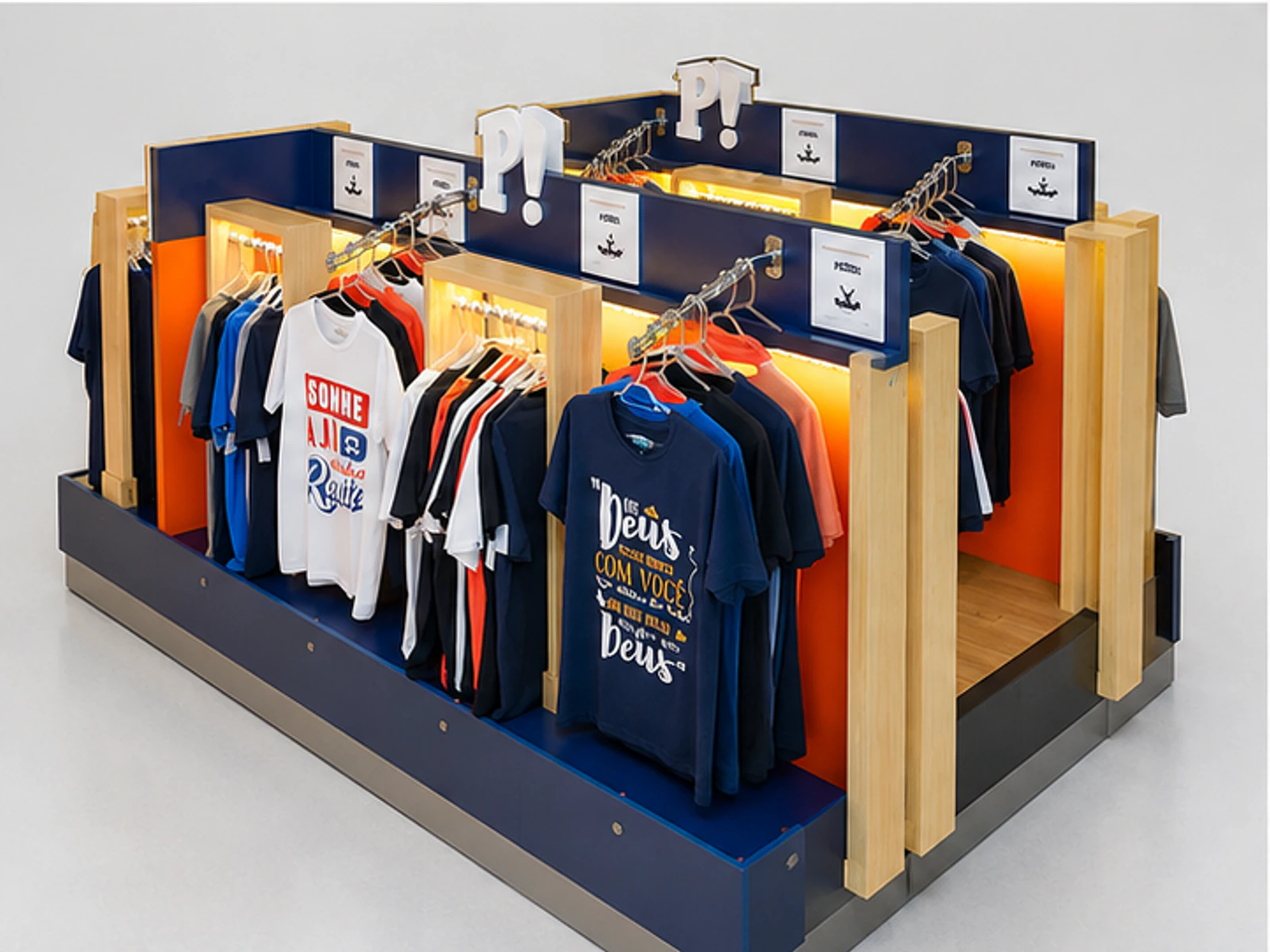 T-shirt Kiosk Mall Custom T-shirt Retail Display Booth Hanging Display Clothing Showcase garment rails and shelving view