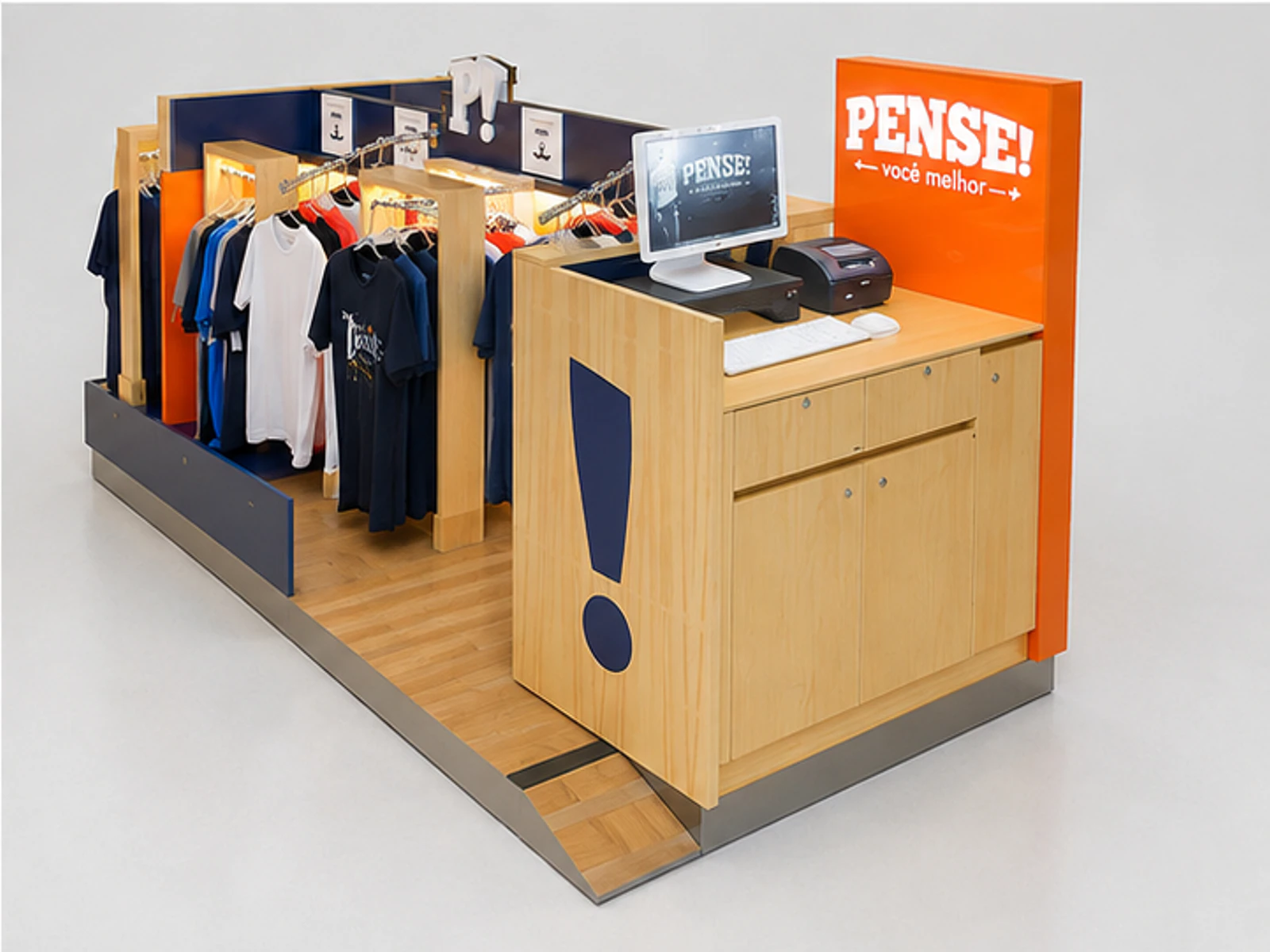 T-shirt Kiosk Mall Custom T-shirt Retail Display Booth Hanging Display Clothing Showcase staff storage and checkout detail