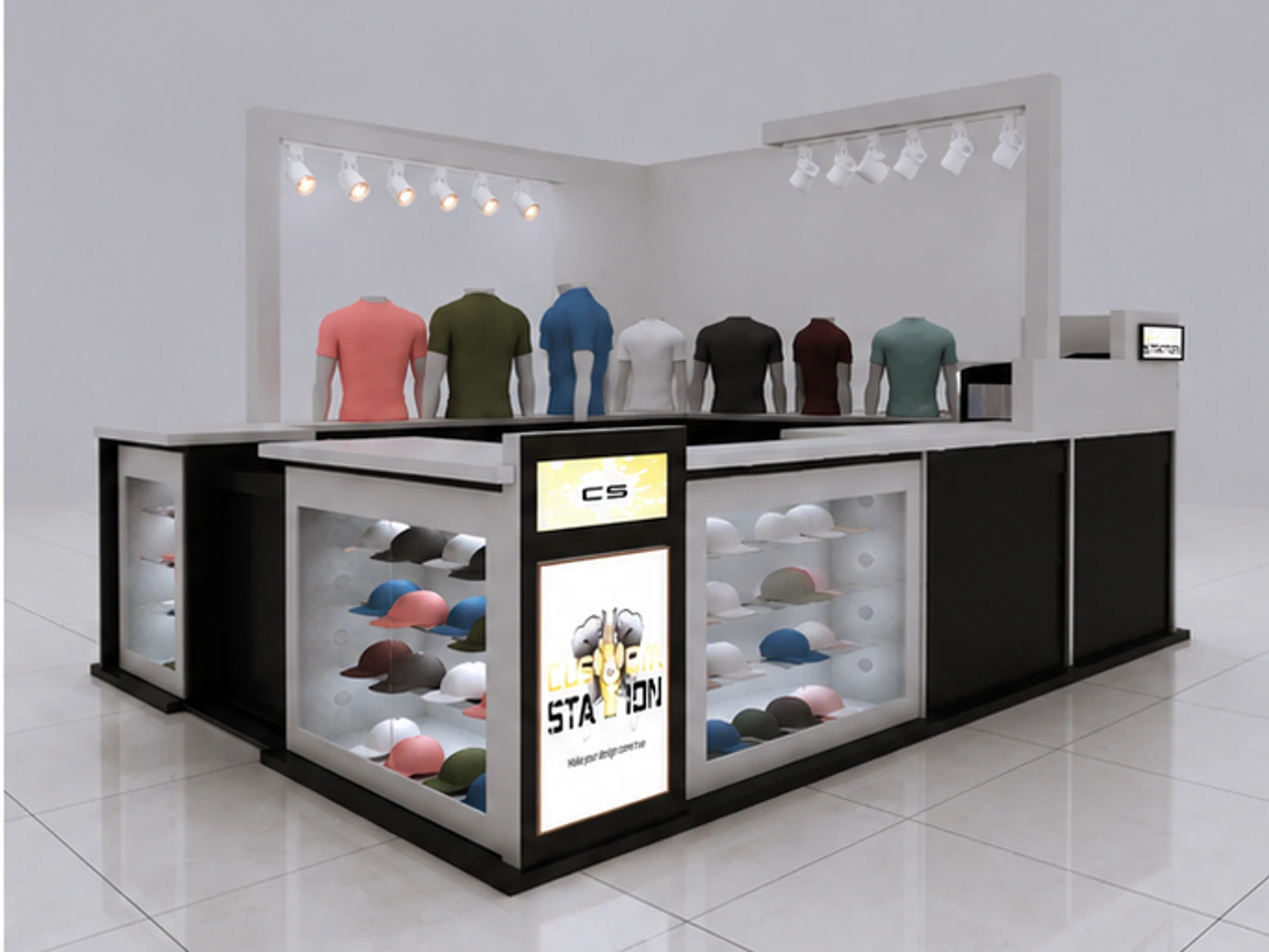 Trendy T-shirt Kiosk Retail T-shirt Display Counter Black T-shirt Stall Mall Center angled clothing display view