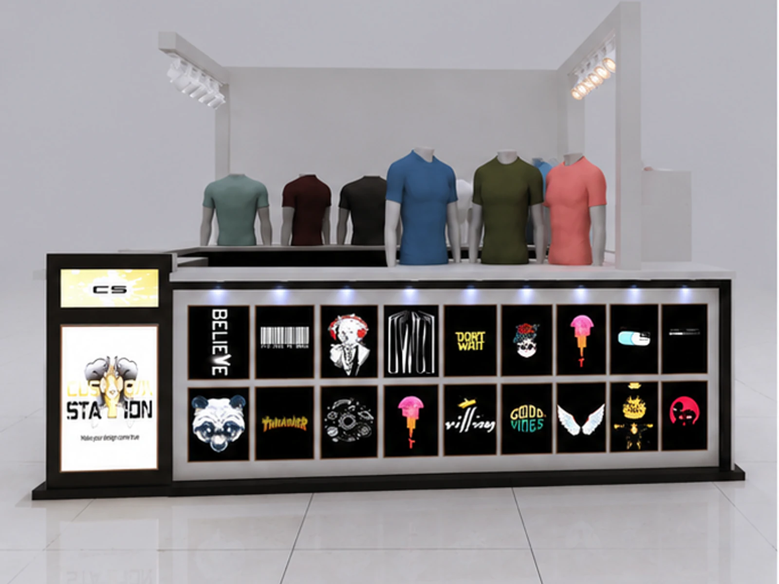 Trendy T-shirt Kiosk Retail T-shirt Display Counter Black T-shirt Stall Mall Center garment rails and shelving view