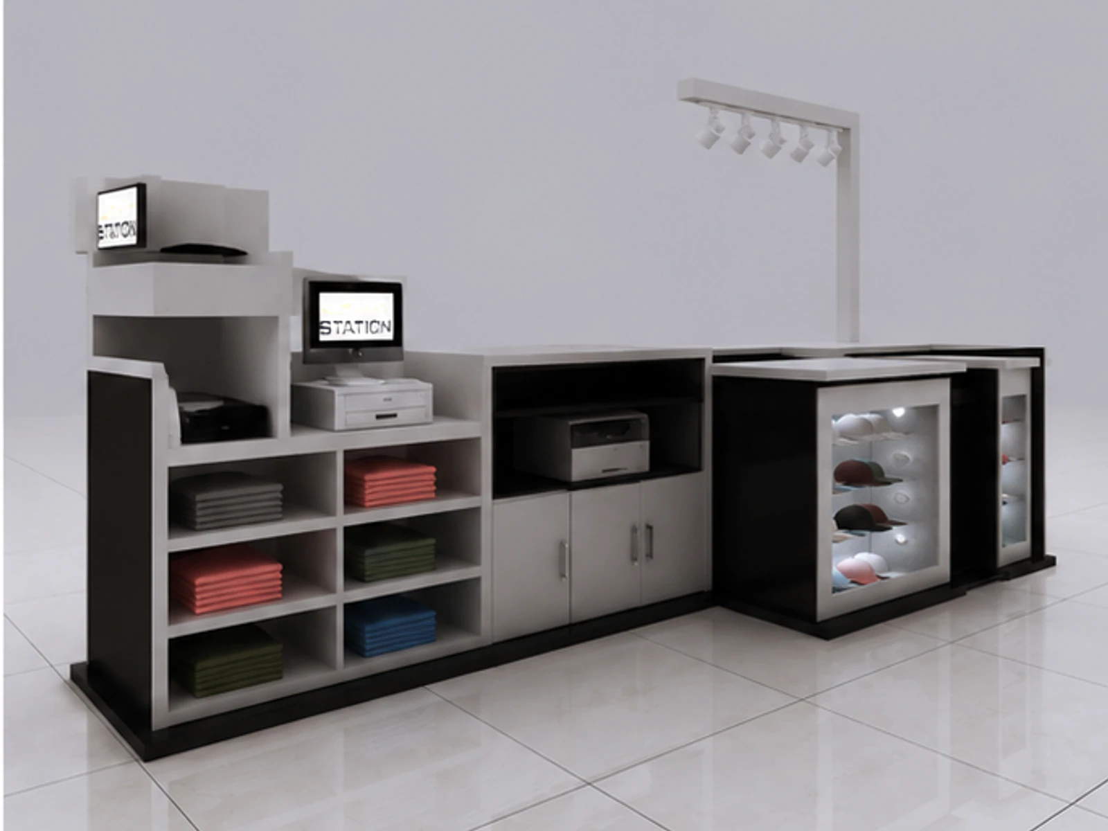 Trendy T-shirt Kiosk Retail T-shirt Display Counter Black T-shirt Stall Mall Center staff storage and checkout detail