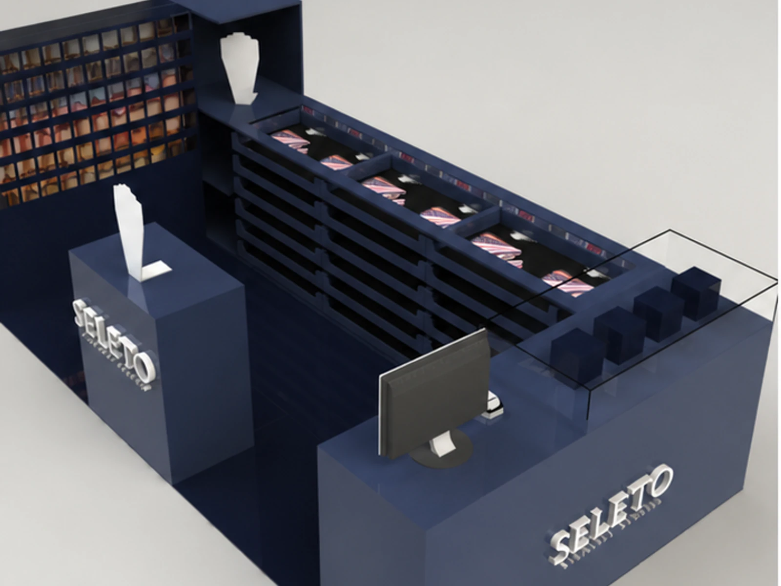 Ultimate Tie Kiosk Stylish Ties Mall Showcase Retail Ties Display Kiosk garment rails and shelving view