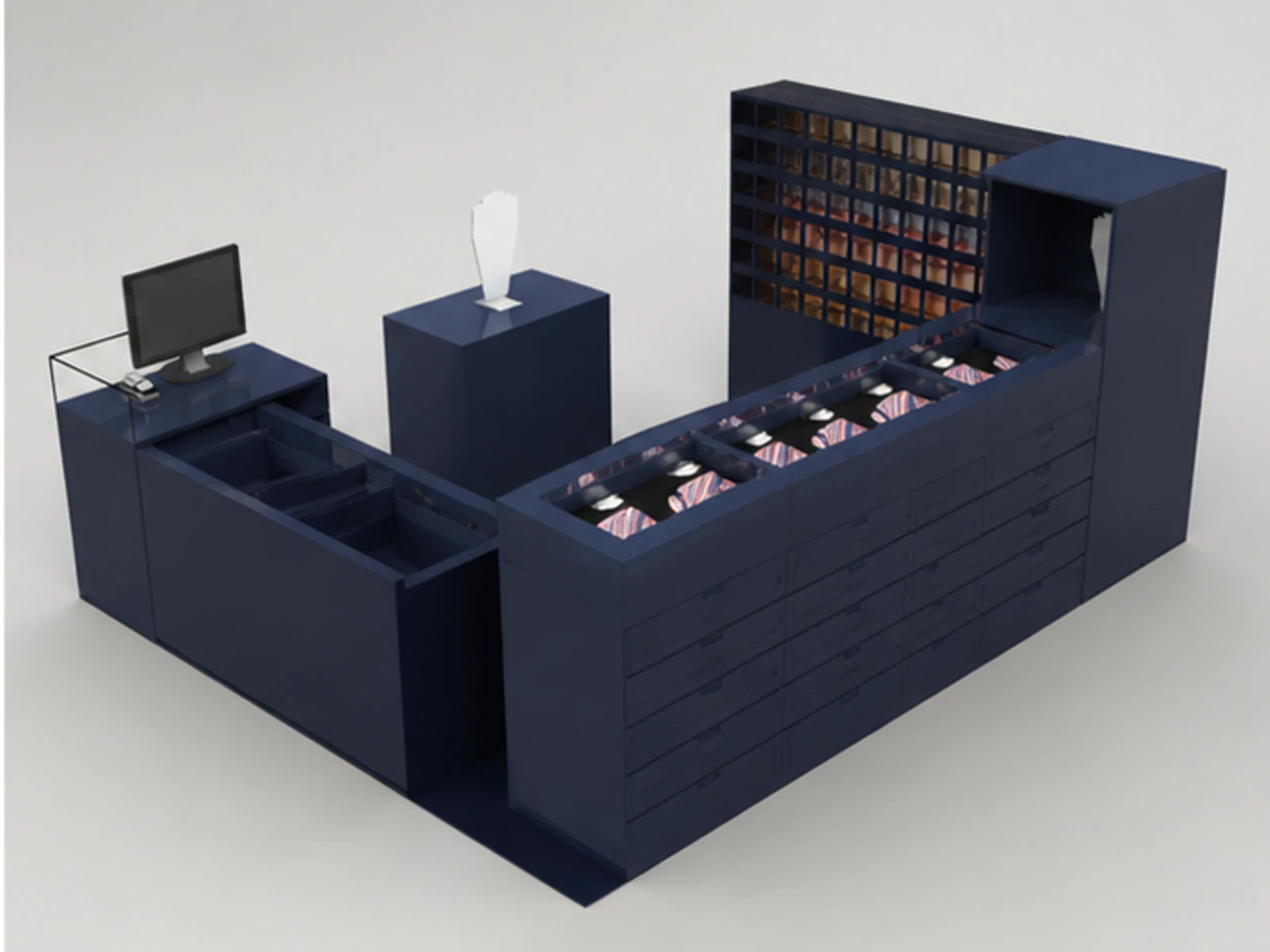 Ultimate Tie Kiosk Stylish Ties Mall Showcase Retail Ties Display Kiosk staff storage and checkout detail