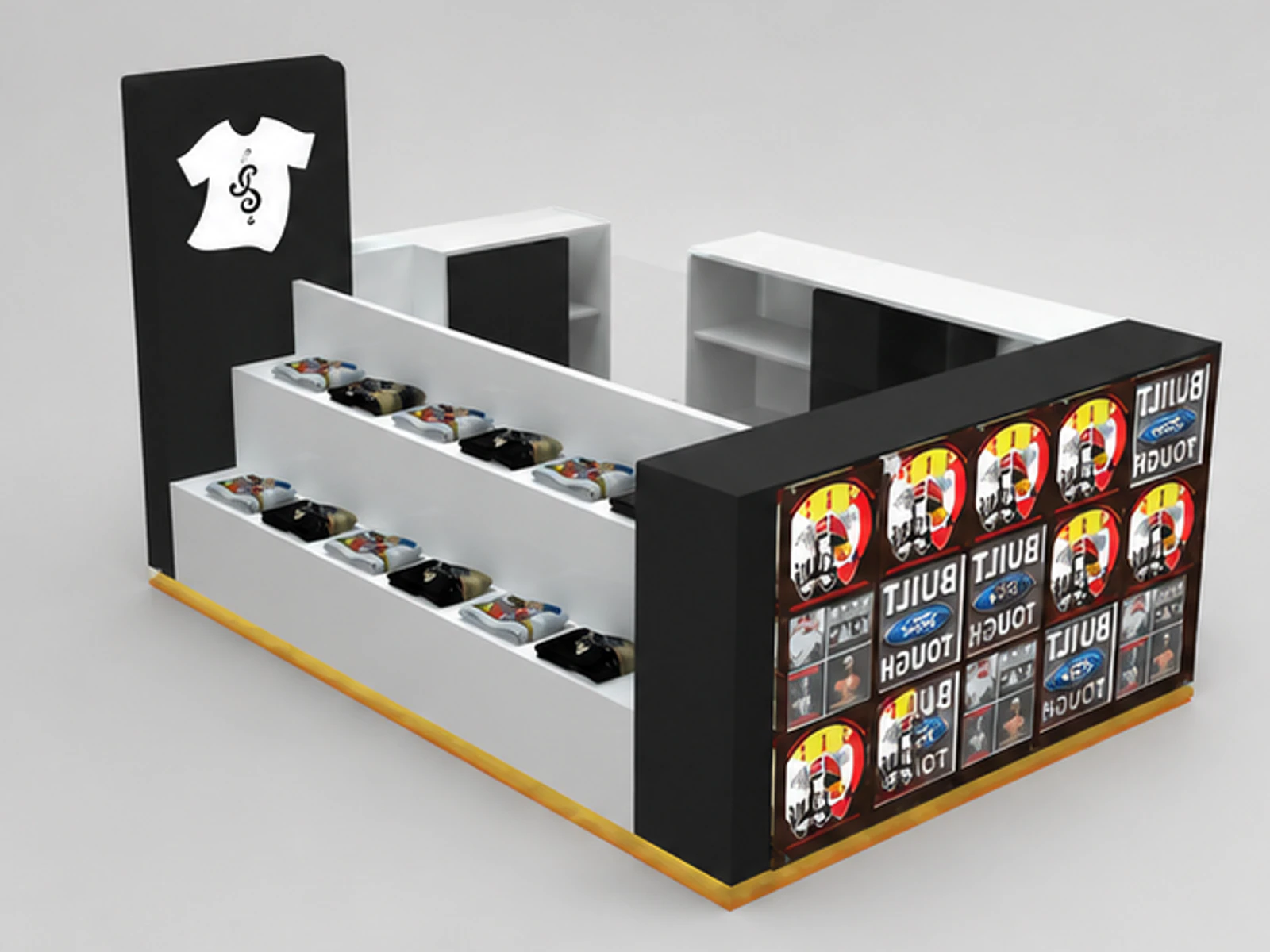 USA Simon Mall Retail T-shirt Kiosk Customize Clothing Display Showcase garment rails and shelving view