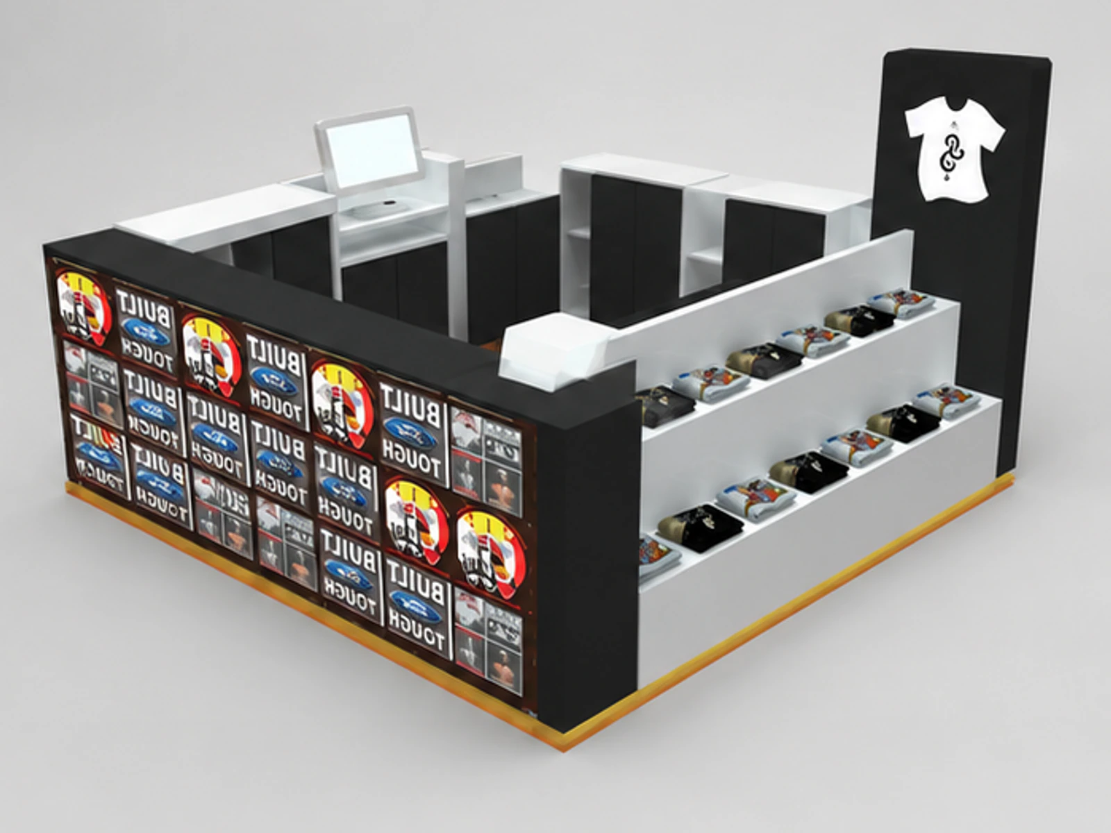 USA Simon Mall Retail T-shirt Kiosk Customize Clothing Display Showcase staff storage and checkout detail