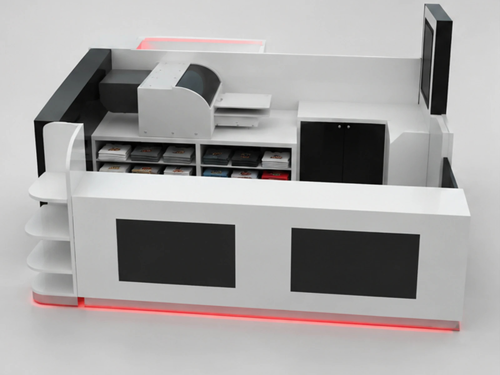 USA T-shirt Mall Kiosk Customize Clothing Booth In Simon Mall garment rails and shelving view