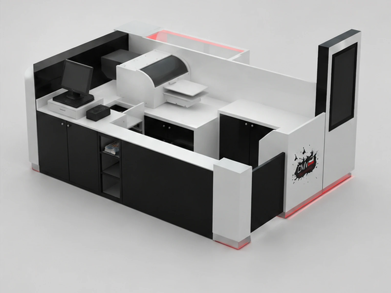 USA T-shirt Mall Kiosk Customize Clothing Booth In Simon Mall staff storage and checkout detail
