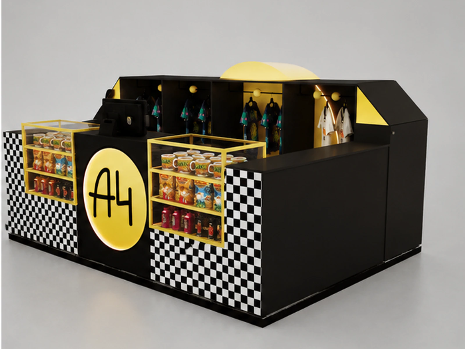Versatile Retail Clothing Kiosk Custom Black Mall Kiosk Useful T-Shirt Counter angled clothing display view
