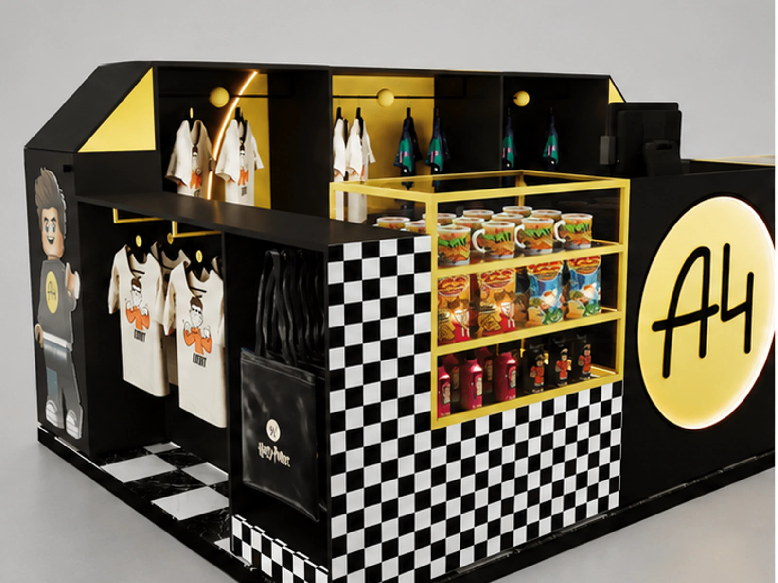 Versatile Retail Clothing Kiosk Custom Black Mall Kiosk Useful T-Shirt Counter garment rails and shelving view