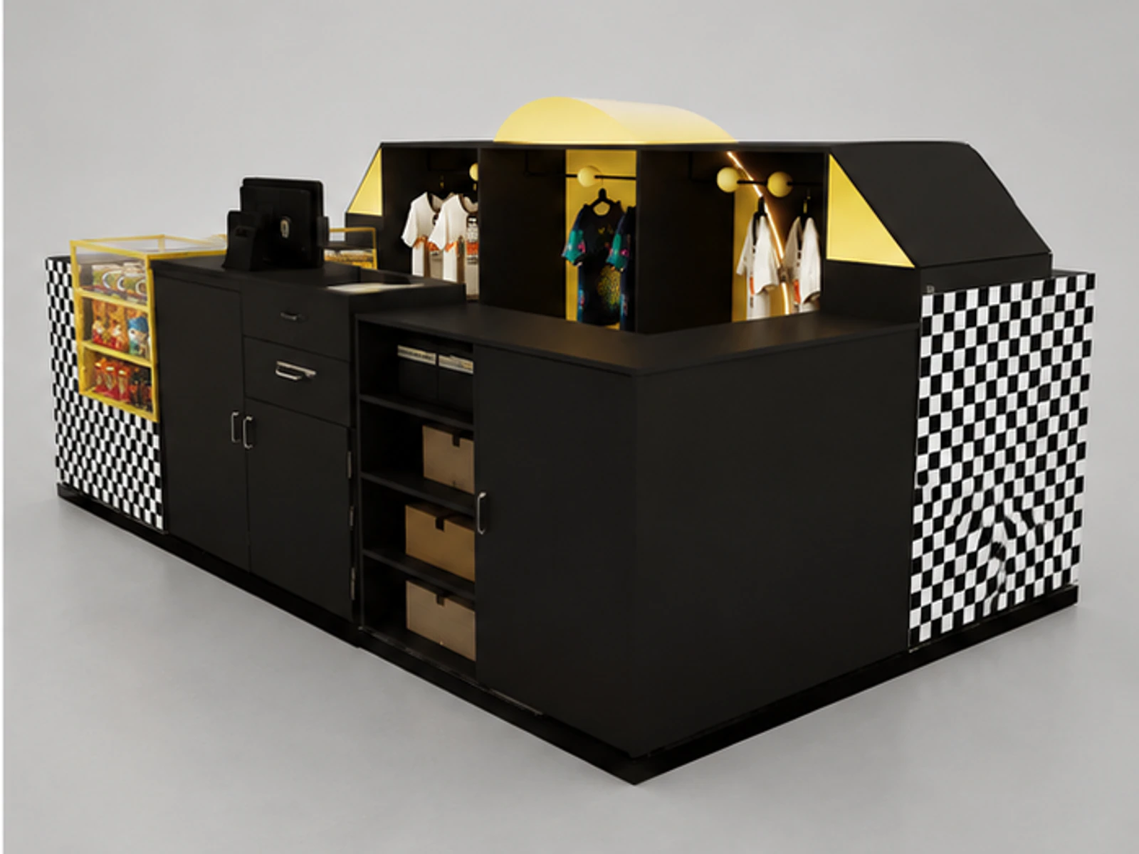 Versatile Retail Clothing Kiosk Custom Black Mall Kiosk Useful T-Shirt Counter staff storage and checkout detail