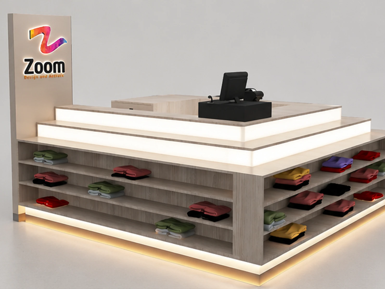 Wooden Mall T-shirt Kiosk Custom Retail Clothing Display Table T-shirt Bar main mall-facing view