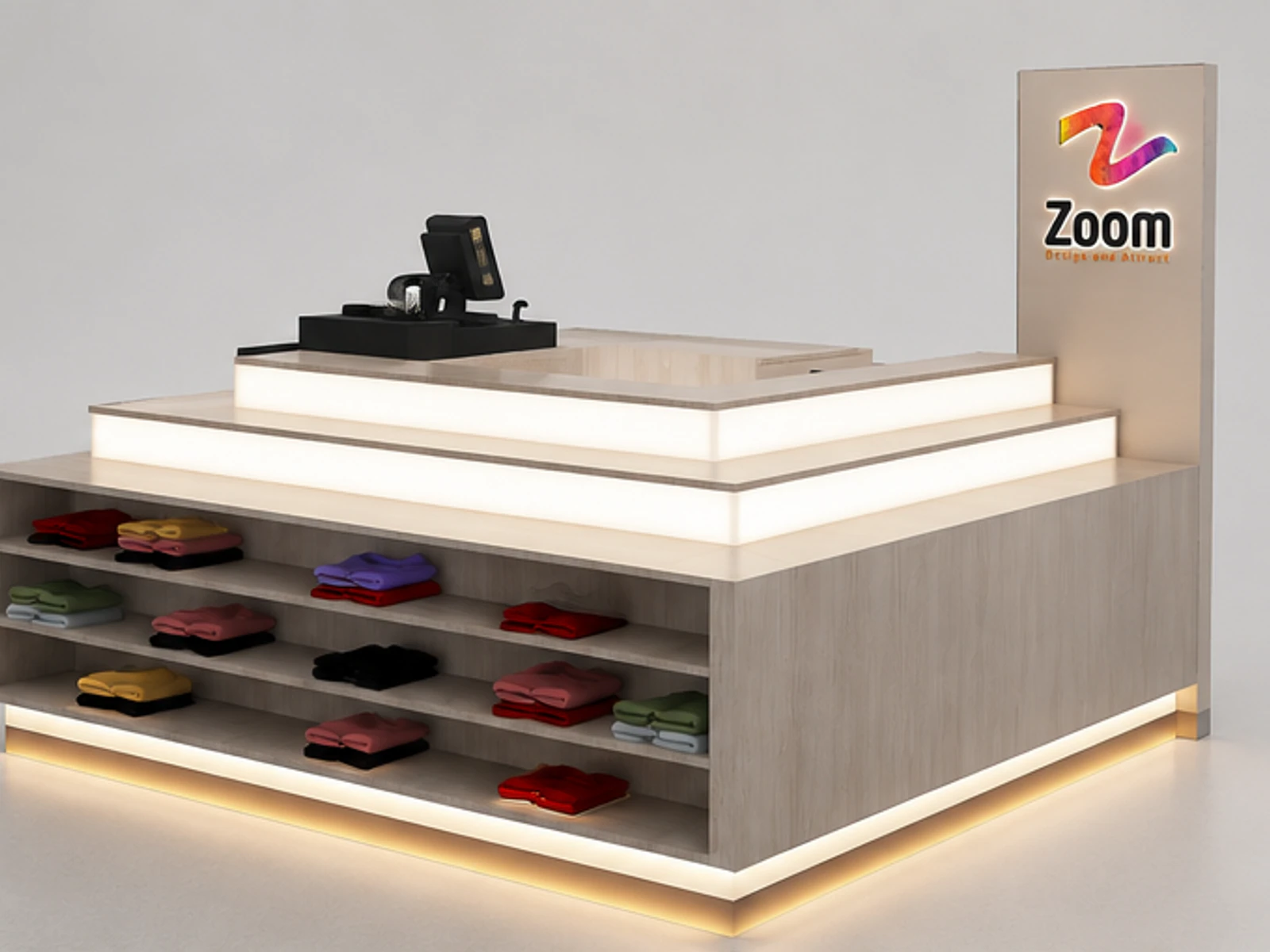 Wooden Mall T-shirt Kiosk Custom Retail Clothing Display Table T-shirt Bar angled clothing display view