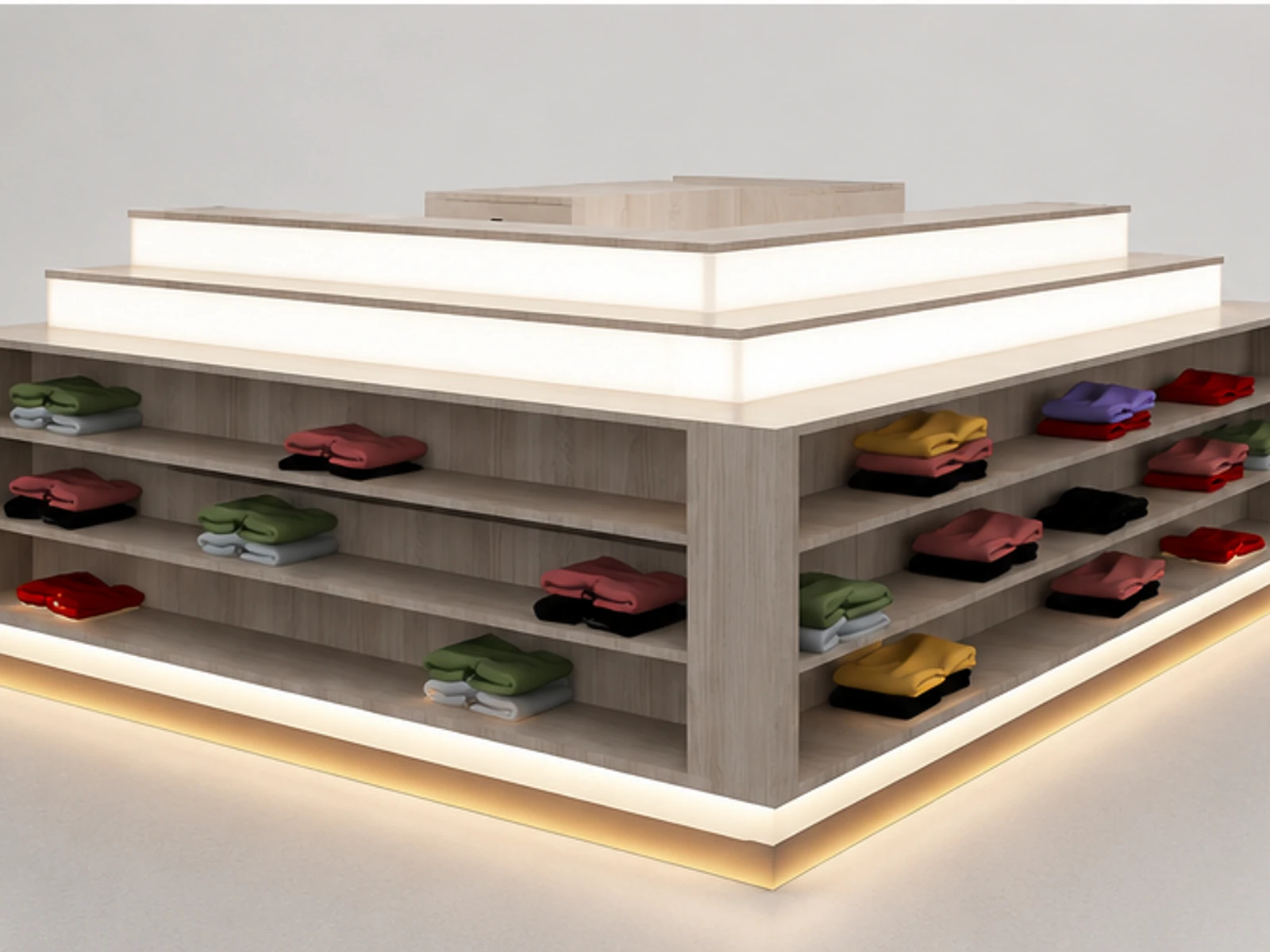Wooden Mall T-shirt Kiosk Custom Retail Clothing Display Table T-shirt Bar garment rails and shelving view