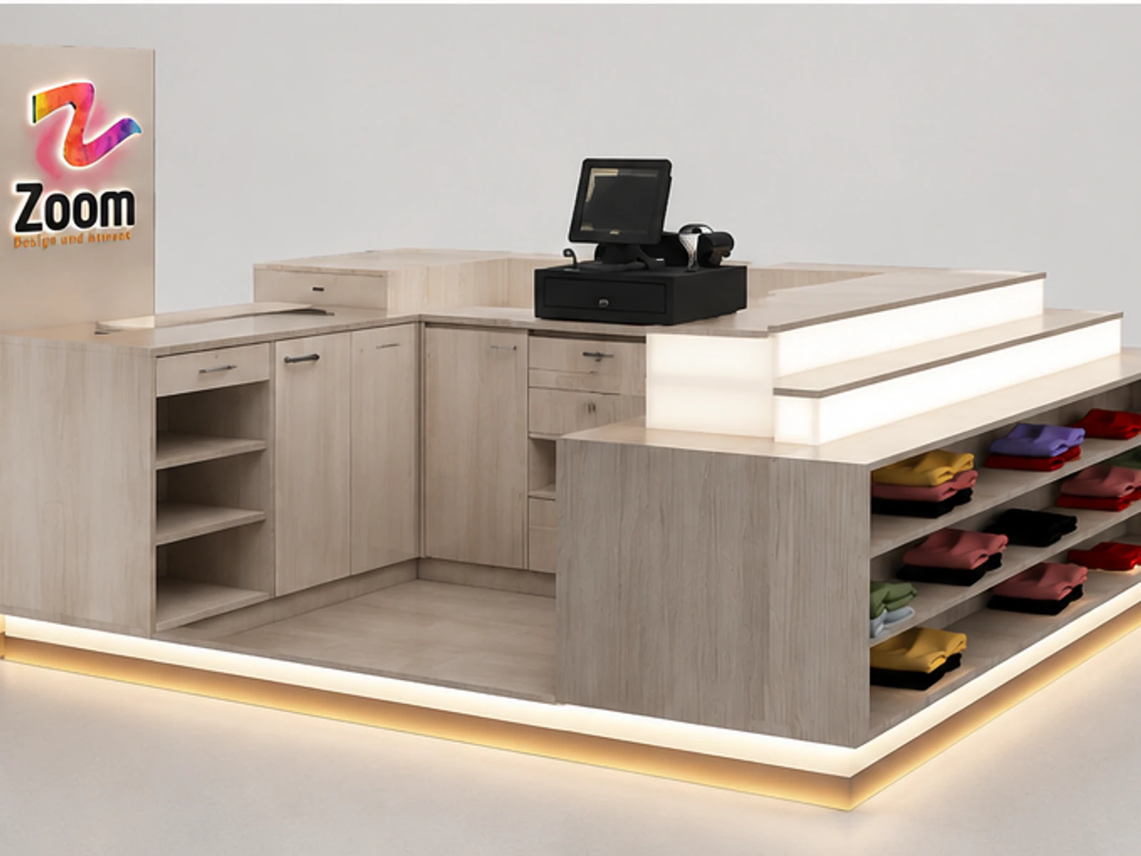 Wooden Mall T-shirt Kiosk Custom Retail Clothing Display Table T-shirt Bar staff storage and checkout detail