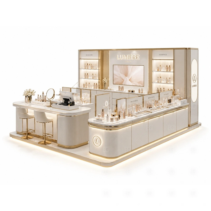 Beauty Retail Kiosk Design for Shopping Mall with a refined beauty retail kiosk with soft product display, rounded customer access, and consultation-friendly counters shown in the beauty retail kiosk design for shopping mall product photos