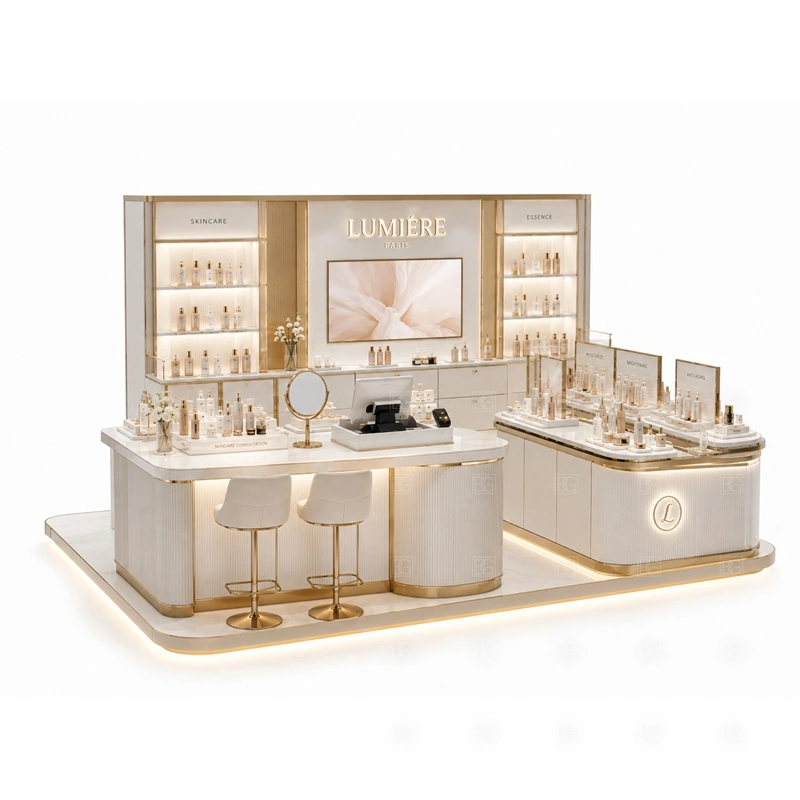 Beauty Retail Kiosk Design for Shopping Mall layout showing open beauty retail kiosk layout with rounded counters, shelving walls, and multi-side customer access shown in the beauty retail kiosk design for shopping mall product photos, with customer browsing, staff service, and checkout kept easy to understand