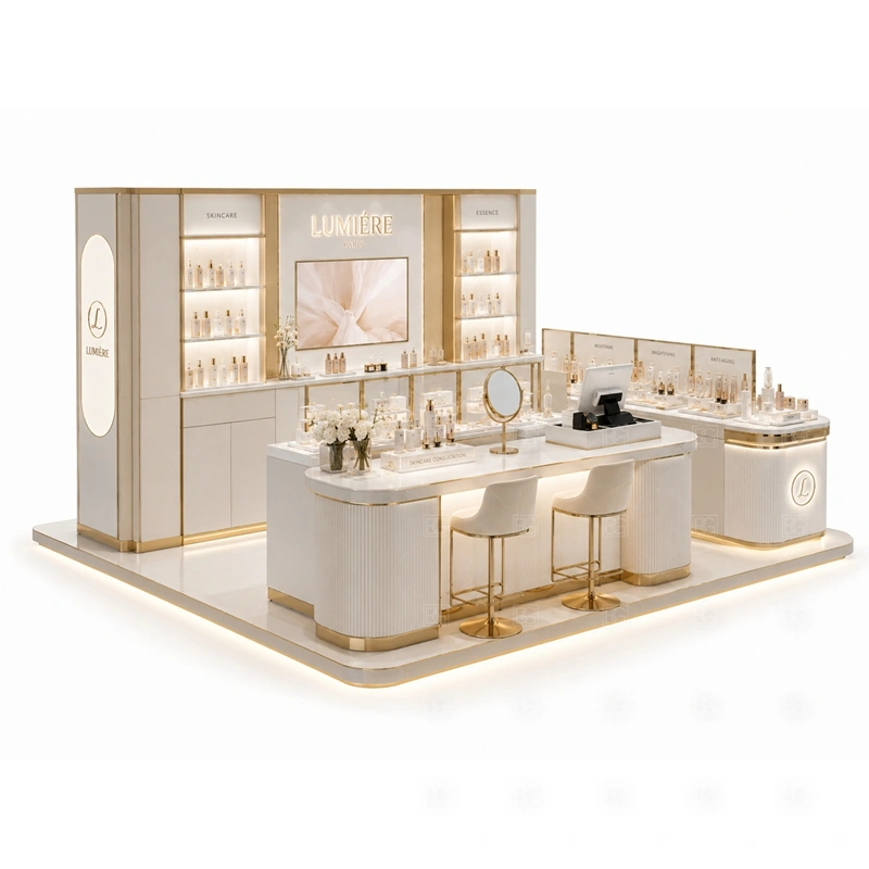 Beauty Retail Kiosk Design for Shopping Mall display detail for skincare display shelves, cosmetic tester surfaces, and glass showcase counters planned for makeup, skincare, fragrance, testers, gift sets, and beauty accessories