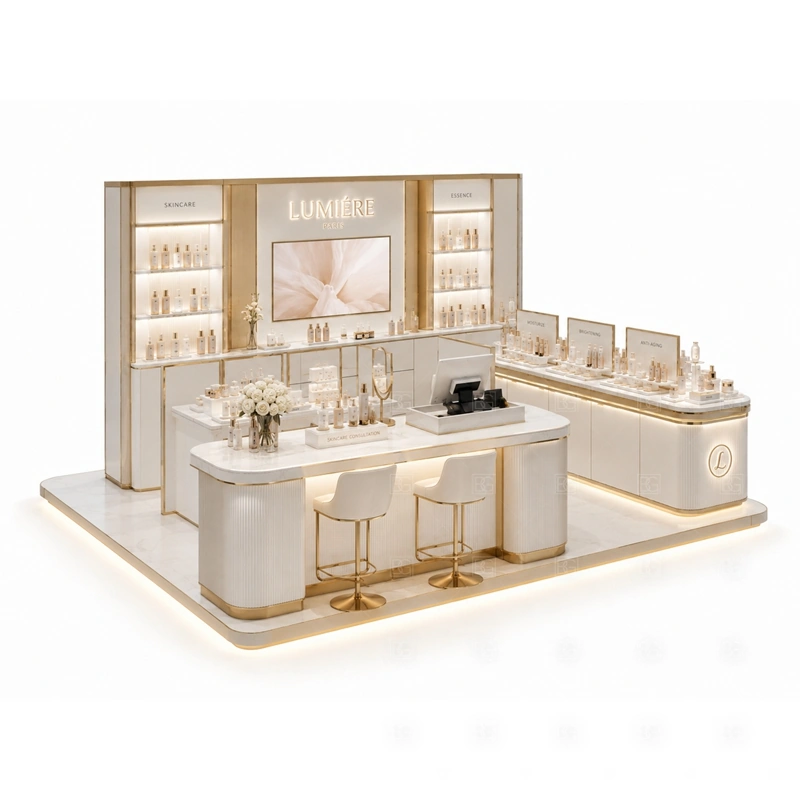 Beauty Retail Kiosk Design for Shopping Mall tester counter detail for tester surfaces, mirror points, and consultation counter space for customers comparing colors or skincare routines; the kiosk can also support consultation counter, checkout surface, sample display area, and cabinet storage