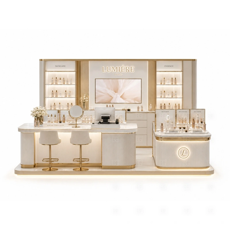 Beauty Retail Kiosk Design for Shopping Mall lighting and signage detail for soft illuminated beauty signage with front-facing brand panels coordinated with brand colors, fascia panels, front graphics, and mall visibility needs