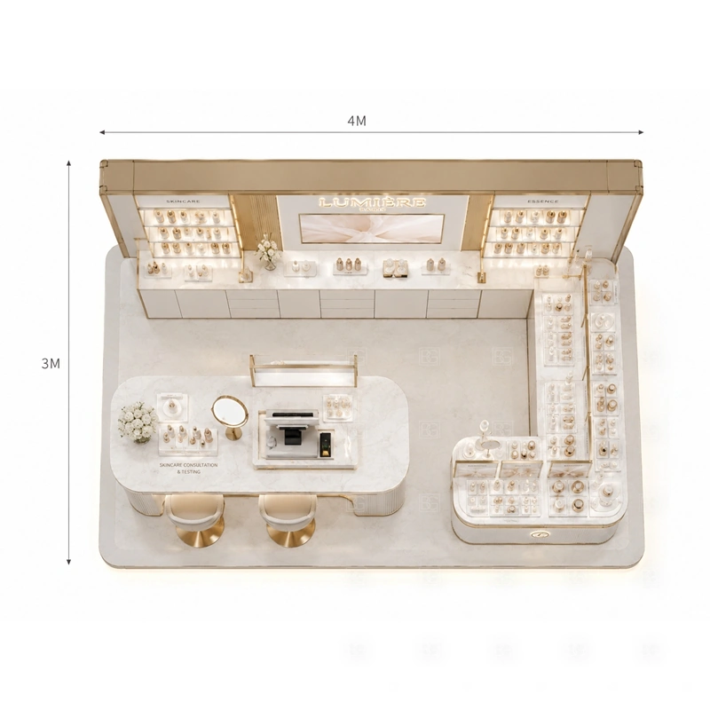 Beauty Retail Kiosk Design for Shopping Mall storage detail for lockable drawers, sample storage, product stock cabinets, cable access, and staff-side packing space planned for beauty retail kiosk design for shopping mall