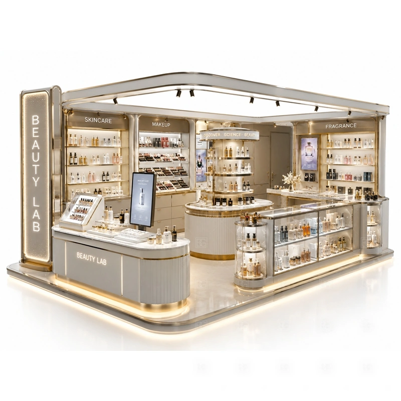 Beauty Studio Kiosk Design and Manufacturing with a beauty-studio kiosk with stronger consultation space, display walls, and a more service-led mall presence shown in the beauty studio kiosk design and manufacturing product photos