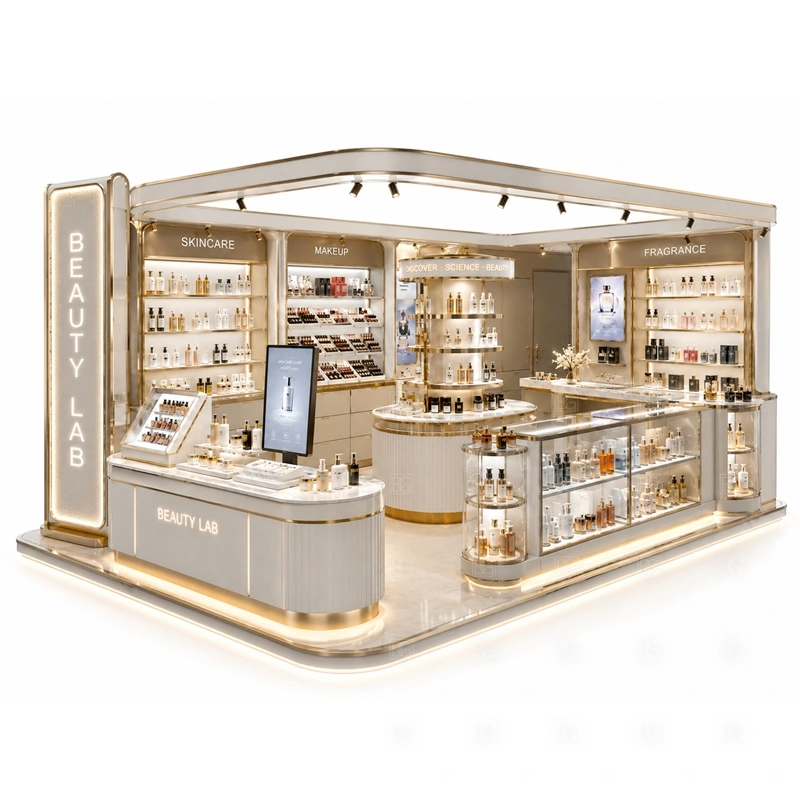 Beauty Studio Kiosk Design and Manufacturing layout showing corner-style beauty studio kiosk layout with rounded counters, display towers, and multi-side browsing shown in the beauty studio kiosk design and manufacturing product photos, with customer browsing, staff service, and checkout kept easy to understand