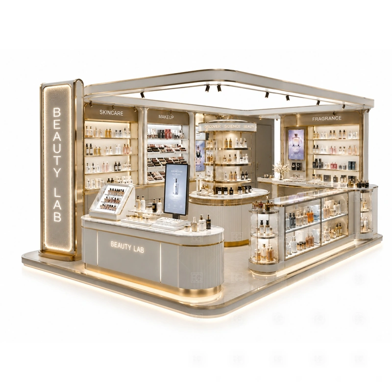 Beauty Studio Kiosk Design and Manufacturing display detail for cosmetic display shelves, glass showcases, tester counter areas, and premium product presentation zones planned for makeup, skincare, fragrance, testers, gift sets, and beauty accessories