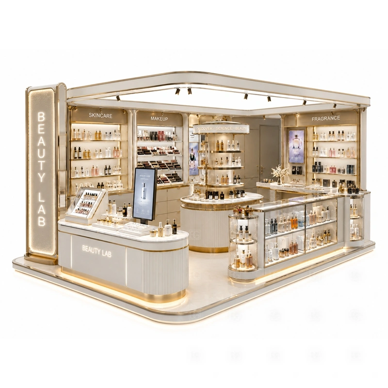Beauty Studio Kiosk Design and Manufacturing tester counter detail for consultation counters, mirror zones, tester trays, and staff-side sample handling for beauty service support; the kiosk can also support consultation counter, cashier surface, product packing area, and lockable stock cabinets