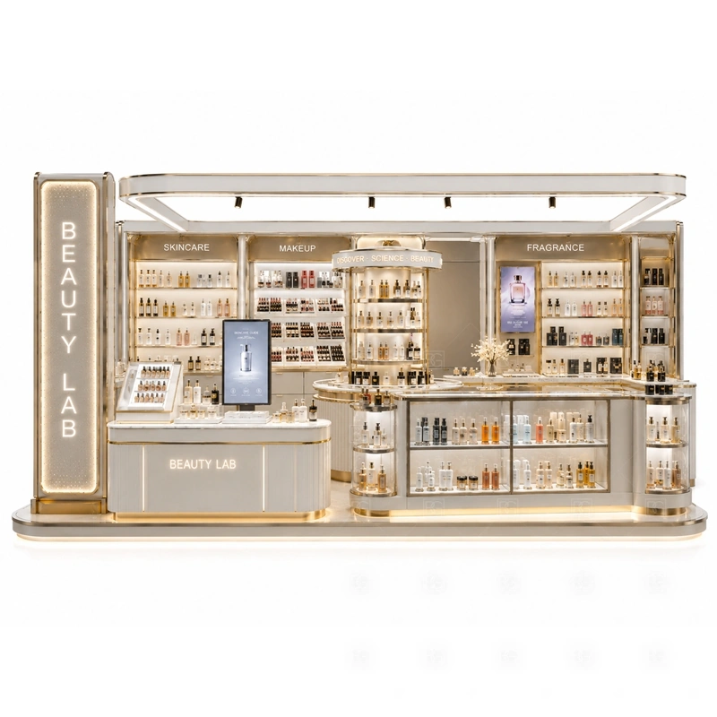 Beauty Studio Kiosk Design and Manufacturing lighting and signage detail for tall beauty logo panel, illuminated fascia, and coordinated studio branding coordinated with brand colors, fascia panels, front graphics, and mall visibility needs