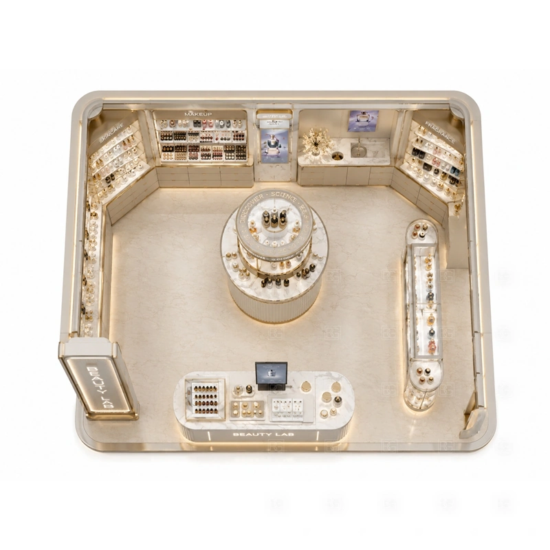Beauty Studio Kiosk Design and Manufacturing storage detail for lockable drawers, sample storage, product stock cabinets, cable access, and staff-side packing space planned for beauty studio kiosk design and manufacturing