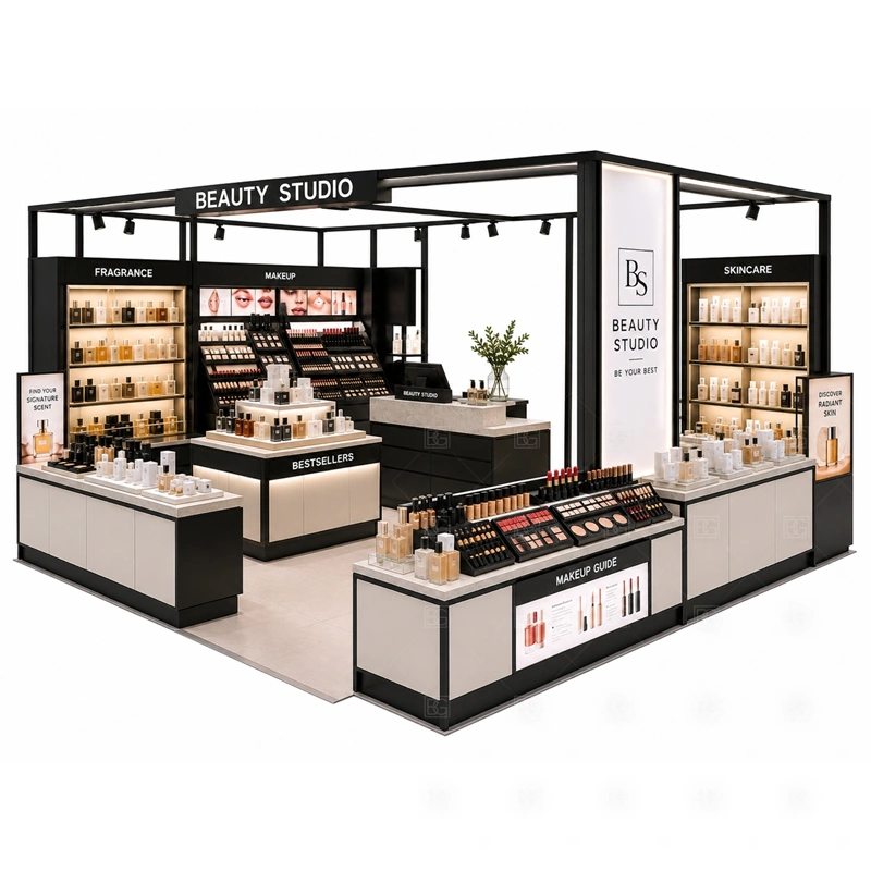 Black Frame Cosmetic Display Kiosk Manufacturer layout showing black frame cosmetic kiosk layout with perimeter display walls, service counters, and open product browsing shown in the black frame cosmetic display kiosk manufacturer product photos, with customer browsing, staff service, and checkout kept easy to understand