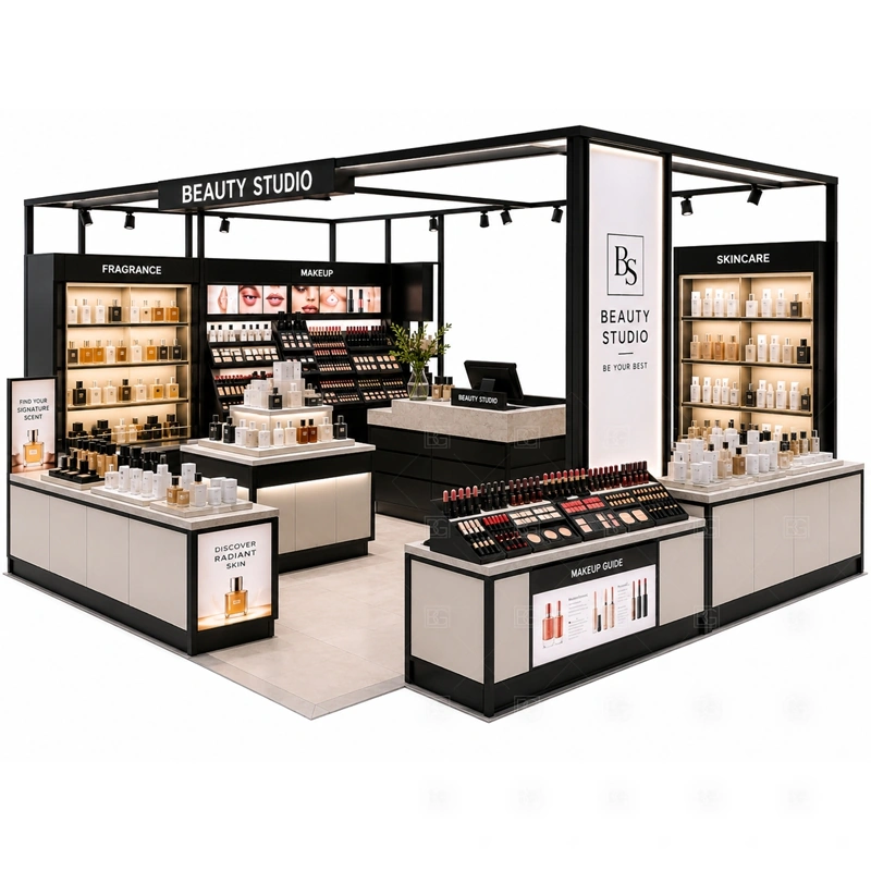 Black Frame Cosmetic Display Kiosk Manufacturer display detail for cosmetic display shelves, tester zones, glass counter showcases, and product wall lighting planned for makeup, skincare, fragrance, testers, gift sets, and beauty accessories