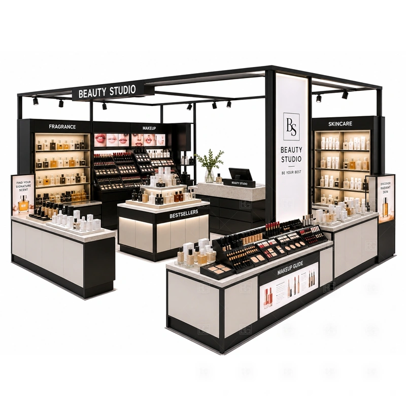 Black Frame Cosmetic Display Kiosk Manufacturer tester counter detail for tester products and sample trays positioned near the black-framed product shelves for guided selling; the kiosk can also support staff counter, customer testing surface, cashier area, and concealed storage
