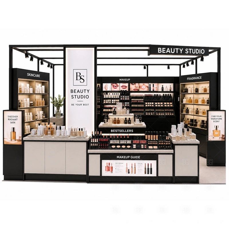 Black Frame Cosmetic Display Kiosk Manufacturer lighting and signage detail for black fascia signage, logo light boxes, and high contrast beauty studio branding coordinated with brand colors, fascia panels, front graphics, and mall visibility needs