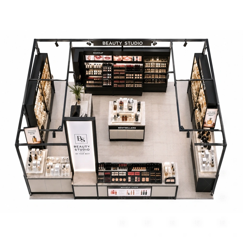 Black Frame Cosmetic Display Kiosk Manufacturer storage detail for lockable drawers, sample storage, product stock cabinets, cable access, and staff-side packing space planned for black frame cosmetic display kiosk manufacturer