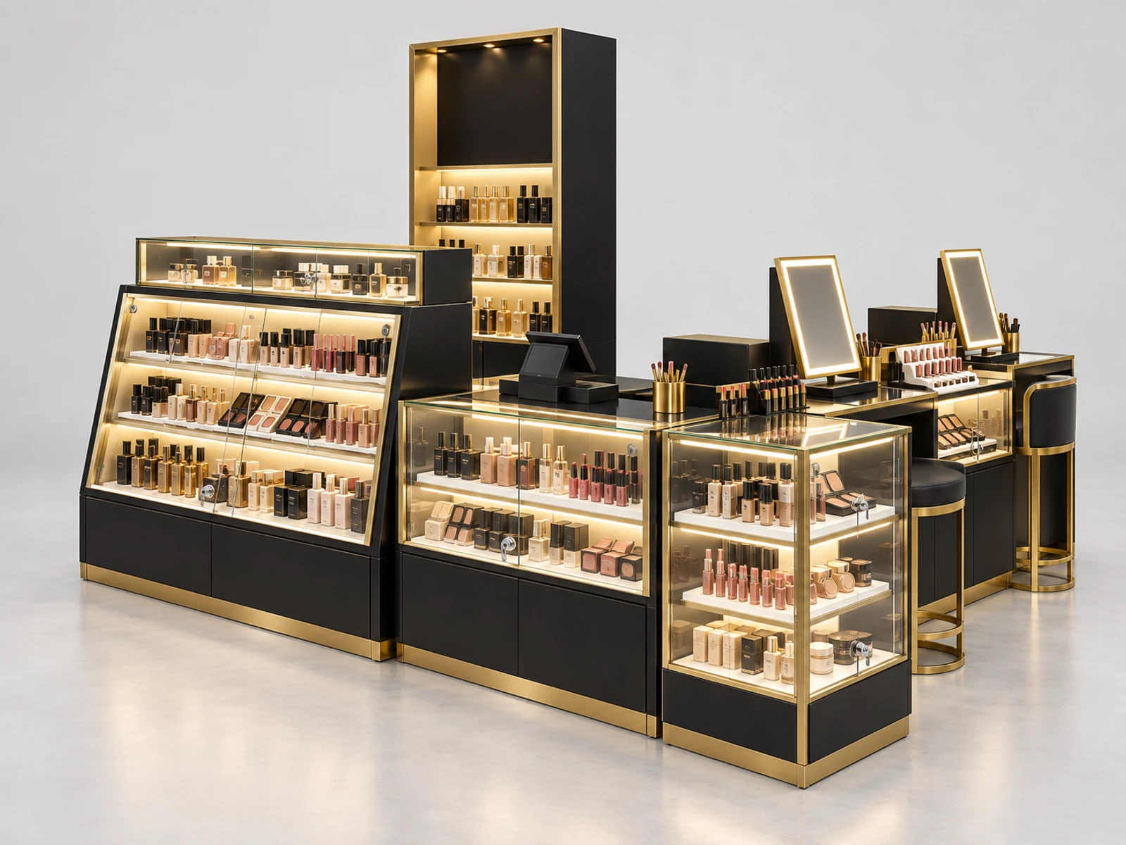 Black Gold Beauty Kiosk with Lockable Glass Showcases main three-quarter product view
