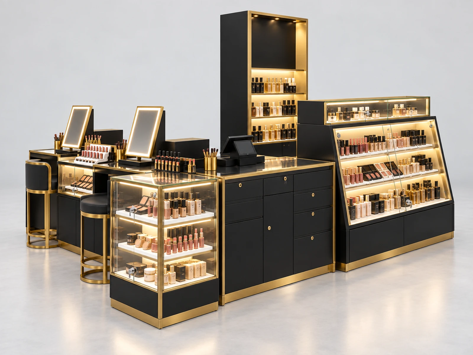 Black Gold Beauty Kiosk with Lockable Glass Showcases opposite angle showing the complete layout
