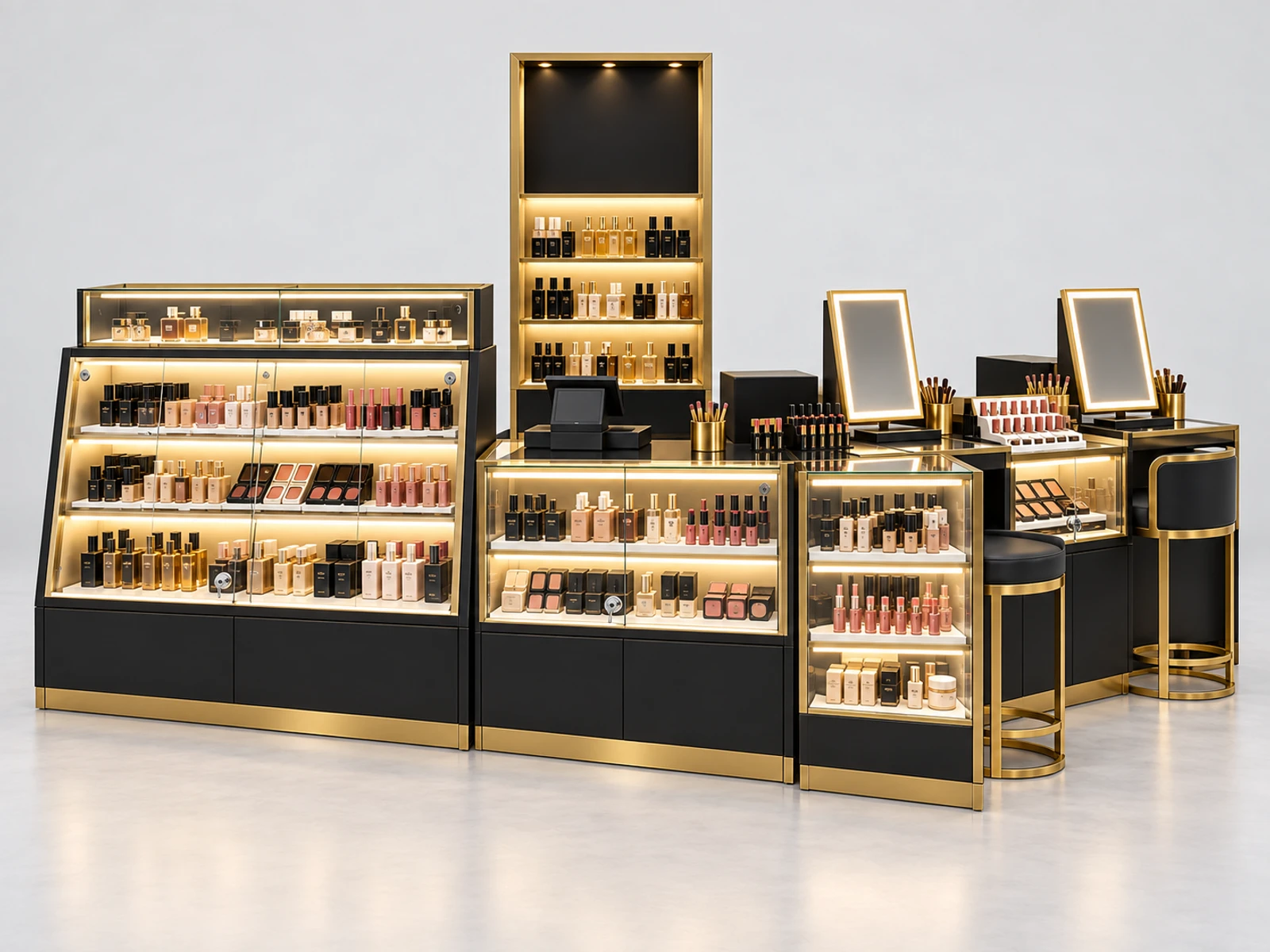 Black Gold Beauty Kiosk with Lockable Glass Showcases customer-facing service and display detail
