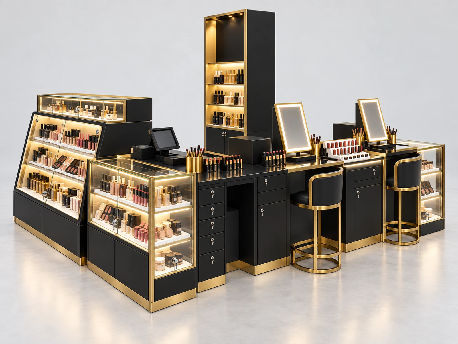Black Gold Beauty Kiosk with Lockable Glass Showcases staff-side equipment, utilities, and storage view