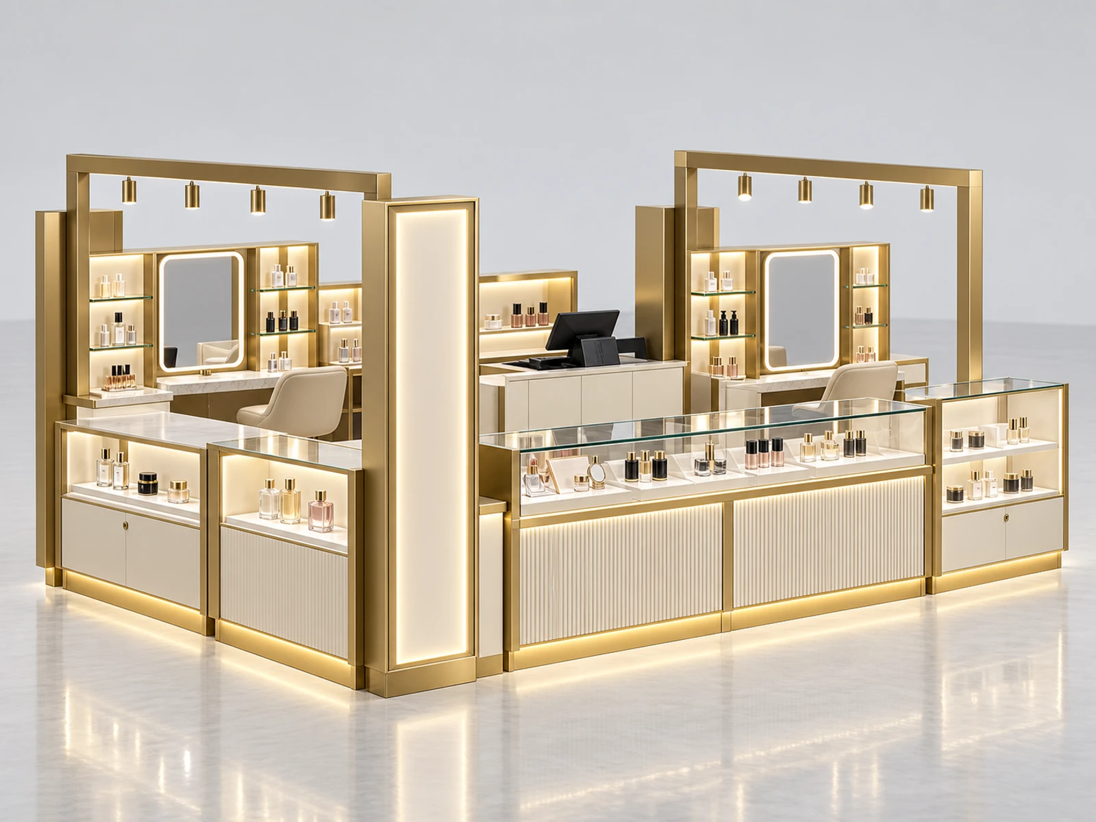 Champagne Gold Cosmetic Kiosk with Glass Tester Counter main three-quarter product view