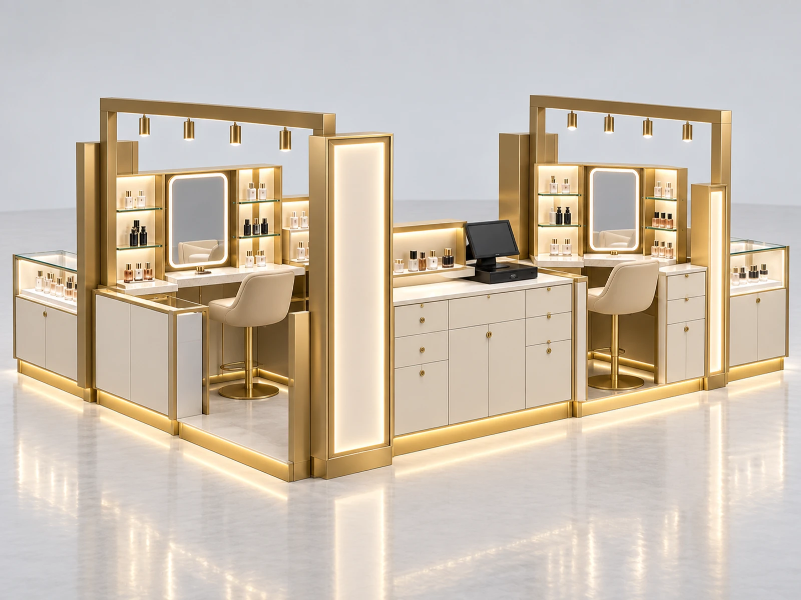 Champagne Gold Cosmetic Kiosk with Glass Tester Counter opposite angle showing the complete layout